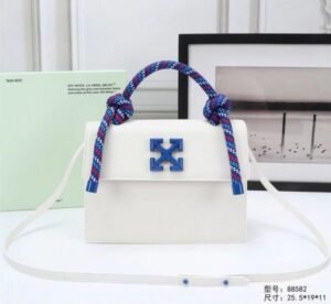 Off-White Leather Insert Gummy white with Metallic Blue Arrows At Front. Rope Handle Jitney 1.4 Shoulder Bag (D88532 White)