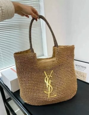 YSL Saint Laurent ICare Raffia Jute Tote Bag With OG Box & Dust Bag (Brown - 991)(BSB)