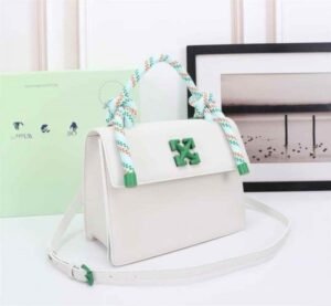 Off-White Leather Insert Gummy Greeny with Metallic Green Arrows At Front. Rope Handle Jitney 1.4 Shoulder Bag (D885311 White)