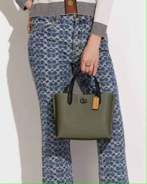 Coach Willow Leather Tote 24 In Colorblock Olive Green With Shoulder Strap & Dust Bag 8561(LB)