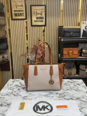 Michael Kors Voyager Leather Satchel Shoulder Bag With Dust Bag (19028_Beige_Brown)(LB)