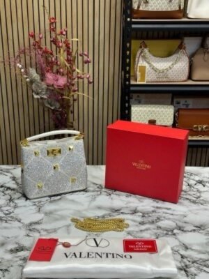 VALENTIN O RHINESTONE LAVIE HANDBAG WITH BOX CARD DUST BAG (WHITE)(MT)