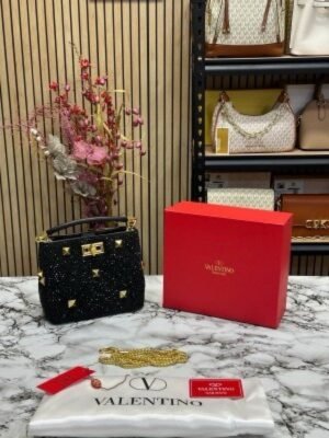 VALENTIN O RHINESTONE LAVIE HANDBAG WITH BOX CARD DUST BAG (BLACK)(MT)