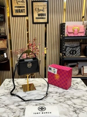 TOR Y BURCH BRITTEN CROCO HANDBAG CROCODILE PRINT WITH OG BOX AND DUST BAG AND SLING (BLACK) (S2)(MT)