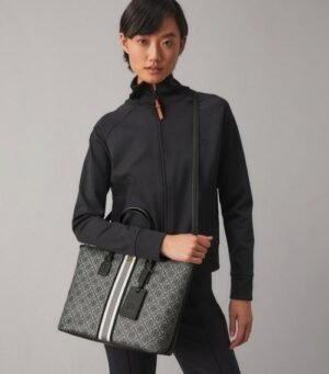 Tory Burch T Monogram Coated Canvas Tote Bag Navy With Dust Bag